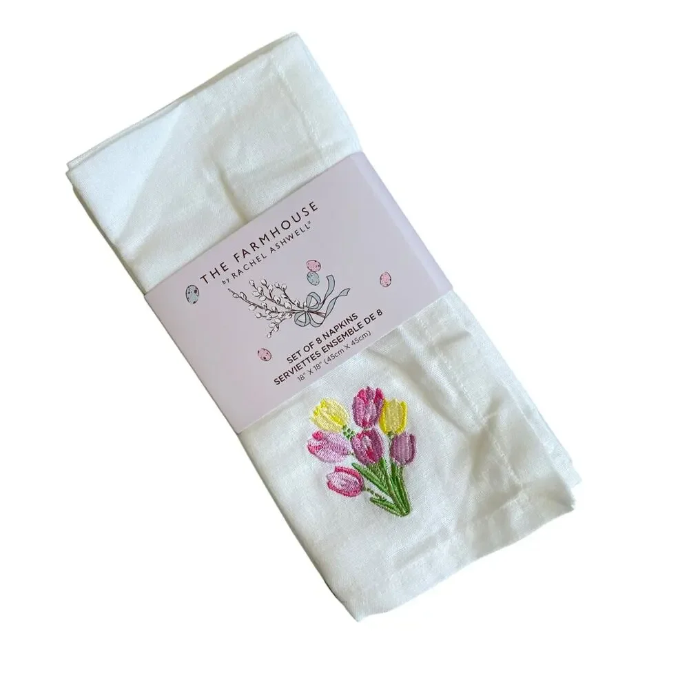 8pc Rachel Ashwell THE FARMHOUSE Cotton Napkins 18x18 Embroidered Tulips New
